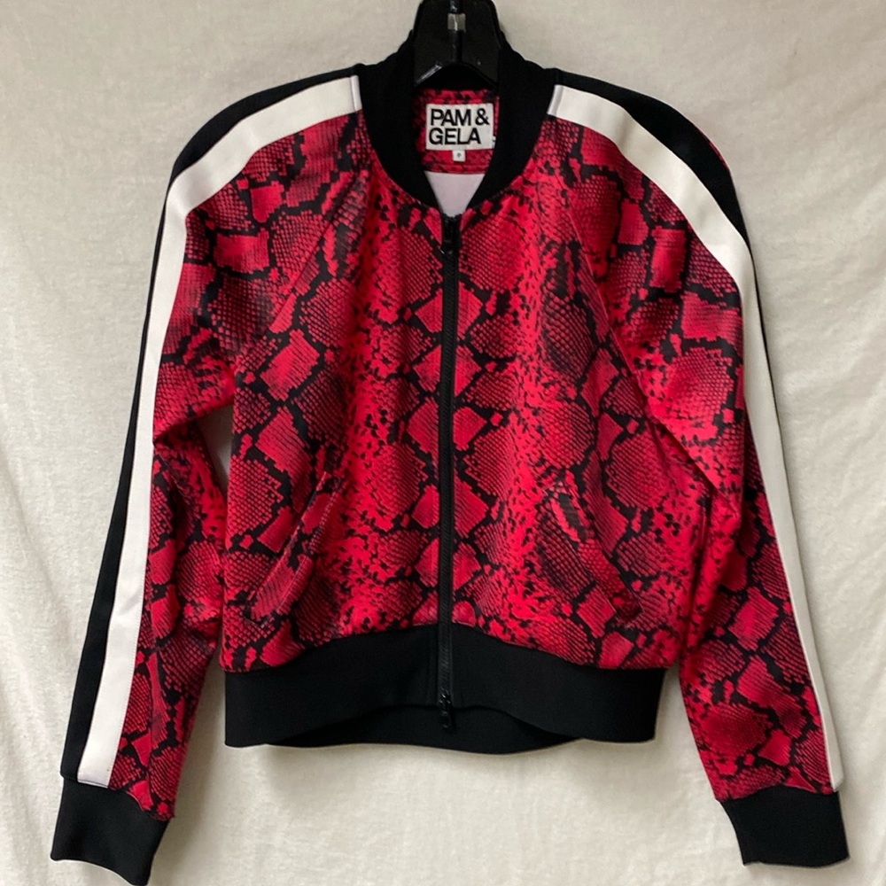 Pam & Gela Track Jacket in Fushia Pink Snakeskin Print.